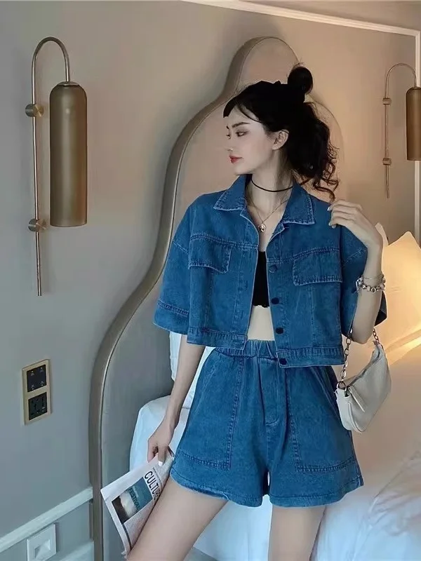 

Slimming Cool Short Lightweight Denim Set Women's Summer Thin Short Jacket Top Shorts Two-Piece Set plus Size College Style