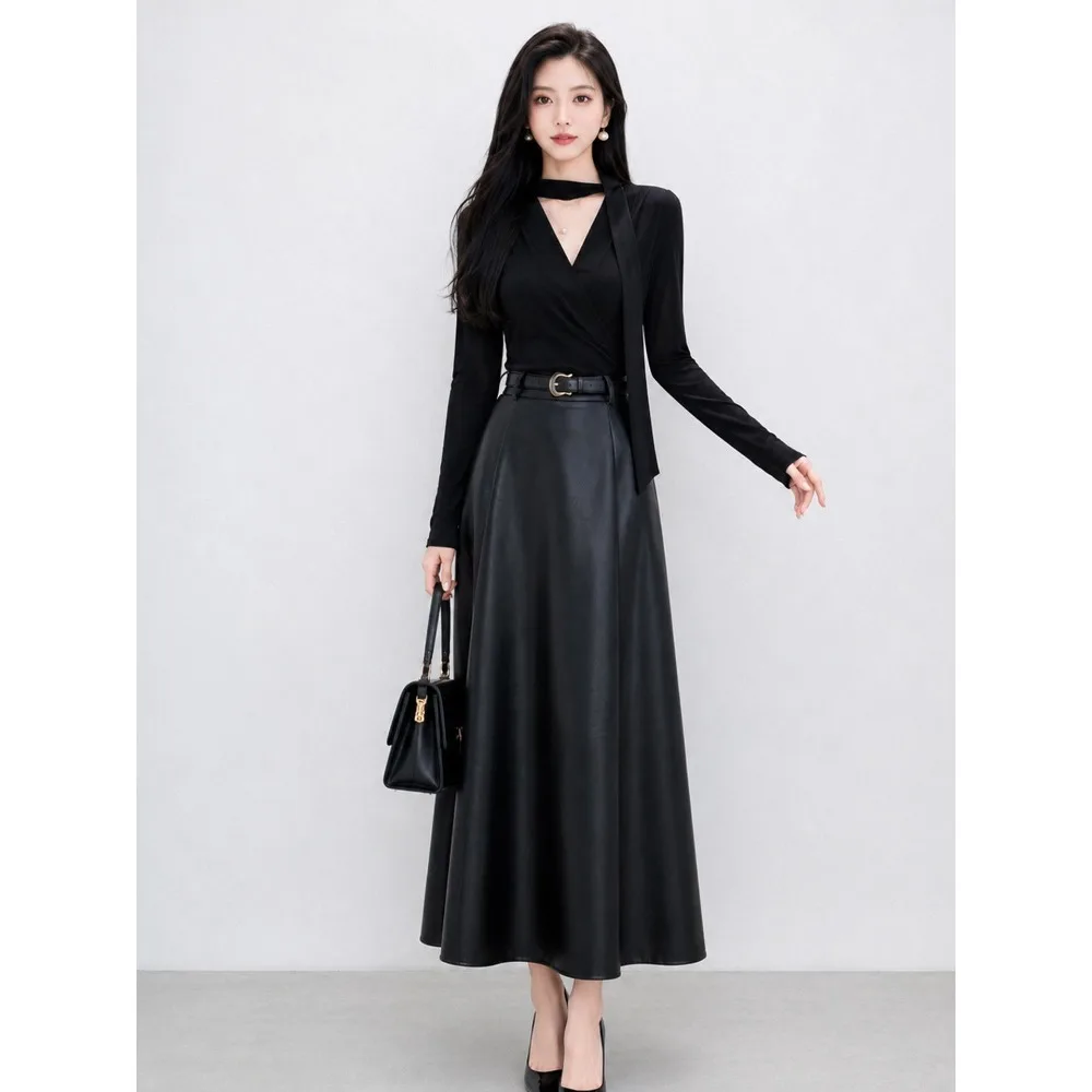 Women's Spring Autumn Graceful Black Shirts PU Leather Skirts Two Pieces Set Korean Office Lady Cool Black Tops Skirt Outfits