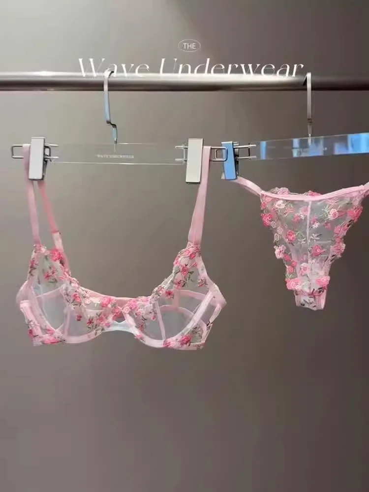 Vintage Französische Dienstmädchen-Sexy-Dessous, durchsichtiges Set mit Blumenstickerei, schwere Spitze, 32–38 AB, bequeme Unterwäsche in Übergröße MOYISU – Detail 9