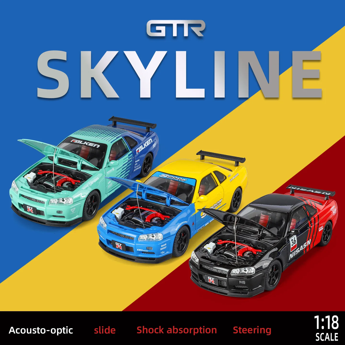 

1:18 Skyline GTR R34, модель спортивного автомобиля из сплава, литая под давлением металлическая игрушка, модель гоночного автомобиля, имитация звука, свет, детский подарок