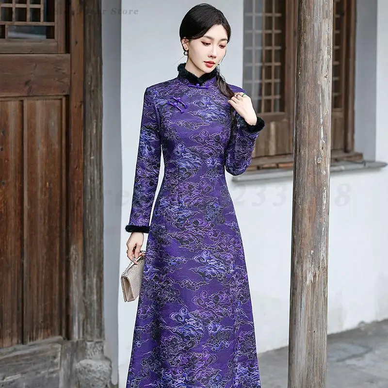 Print Flower Mandarin Fur Collar Ao Dai Qipao Dress Improved Temperament Cheongsam Autumn Winter Thickened Oriental Party Gown