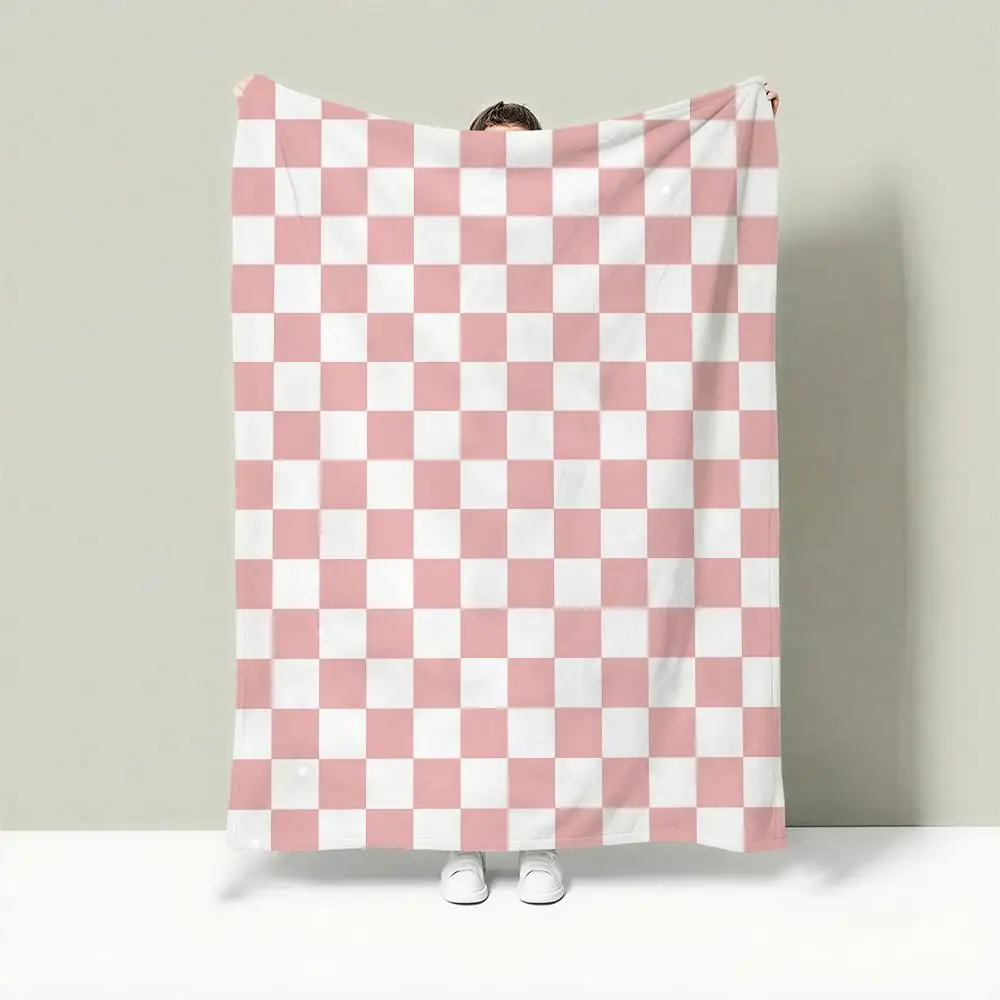 Pink Checkerboard Set Throw Lightweight 240g Flannel Blanket Soft Skin-friendly for Summer Cooling