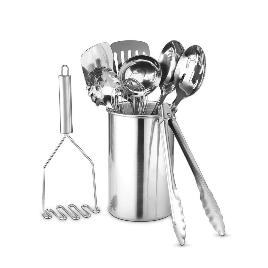 

Premium Set of 10 Stainless Steel Kitchen Tool Set with Holder Easy To Clean, Space Saving, Great for Cooking, Baking, Prepping