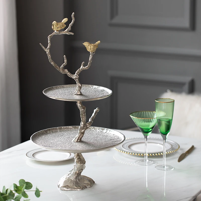 Luxury Birds Stand On Branch Statue Home Pastry Dessert Two Tier Place Cake Rack Wedding Banquet Dessert Table Decor Fruit Plate