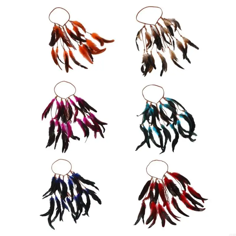 

39BD Bohemian Natural Feathers Tassels Headband with Bead Indian Accessories Gypsys Native-American Tribal Costume Headwear
