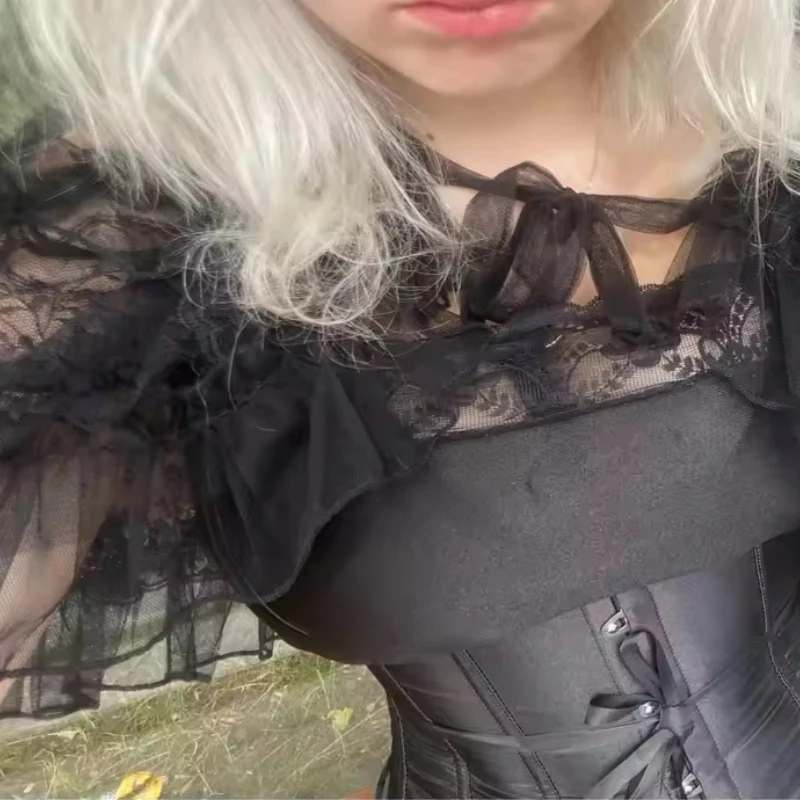 Lolita Black Short Shawl Coat Women Sweet Kawaii Lace Mesh Open Front Poncho Gothic Girls Retro Cute Princess Capes Outerwear