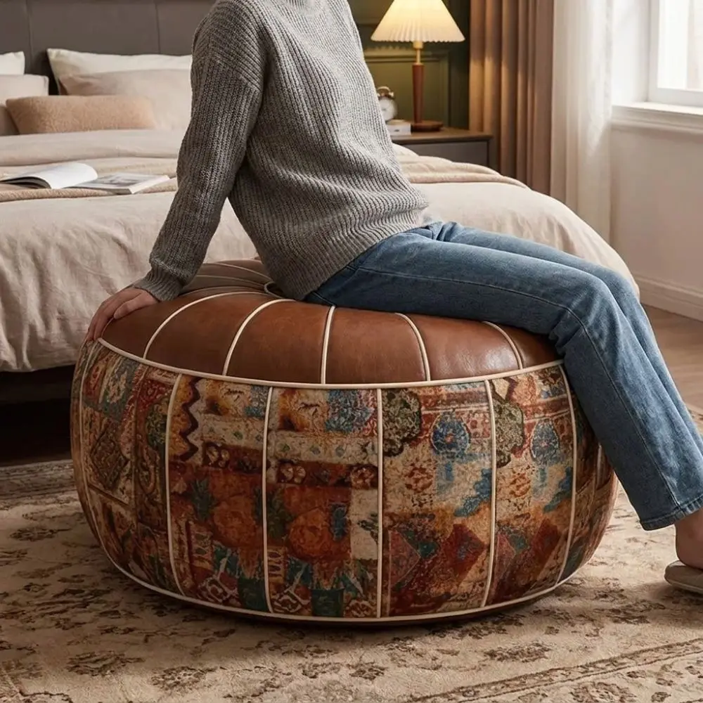 Space Saving PU Leather Footstool Cover Waterproof Bohemian Style Sofa Stool Cover Round Large Capacity Bean Bag Cover Bedroom