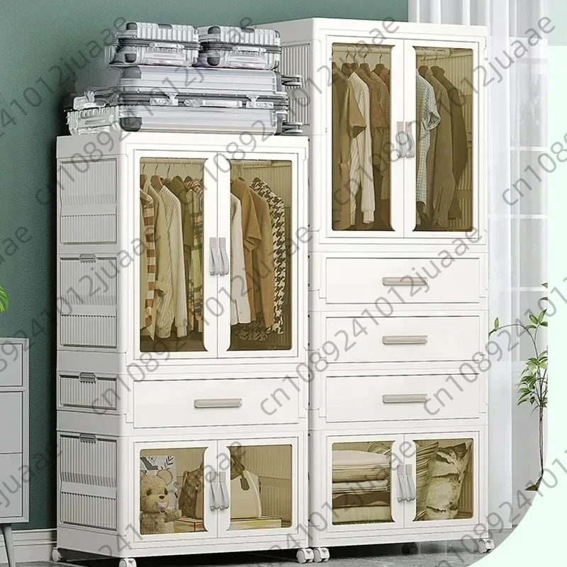 Transparent Foldable Wardrobe,Storage Container, Wheels at Bottom,Closet Cabinet Bedside Organizer, Large Folding Bins