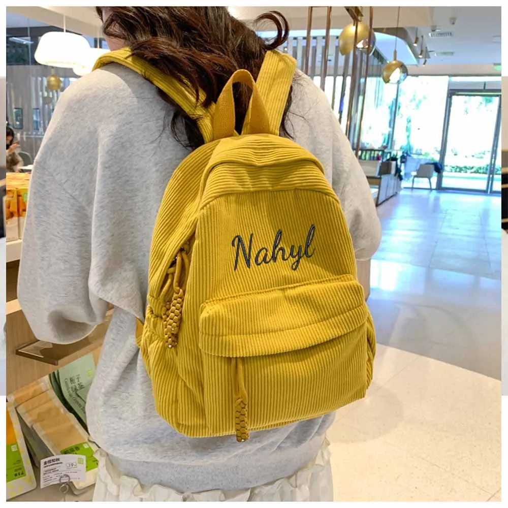 

Embroidered Campus Student Backpack, Solid Color Corduroy Leisure Bag, Personalized Custom Portable College Style Travel Bag