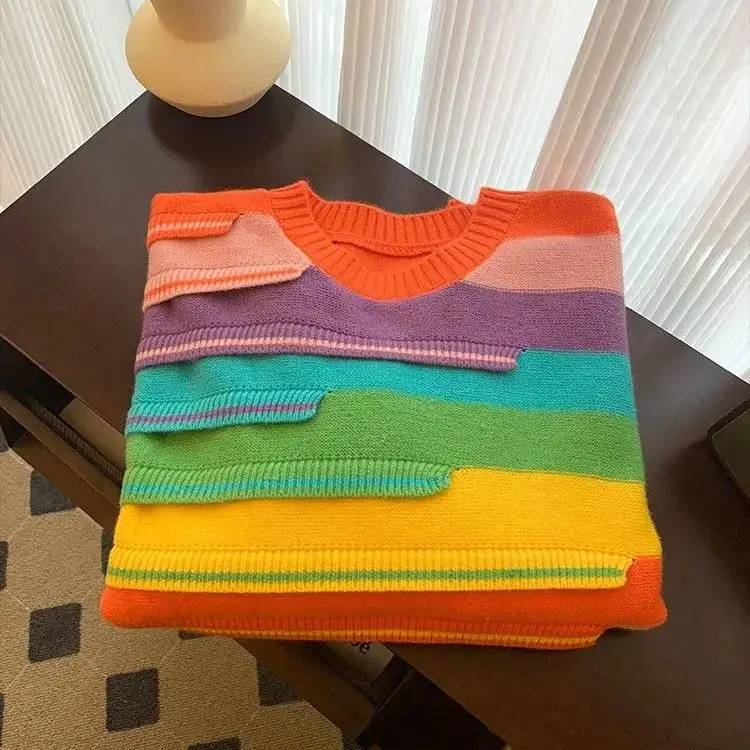 Striped Knitted Sweater Dopamine Lazy Rainbow Contrast Color Round Neck Thickened Women Loose Feel Soft Waxy Pullover