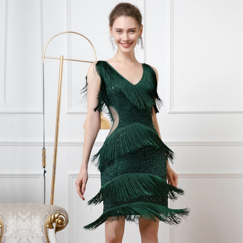 

Ретро танцевальное платье с кисточками для коктейльной вечеринки, блестки, бусины для ногтей, открытая талия, сетчатый дизайн, танцевальное платье, сексуальное платье на Хэллоуин