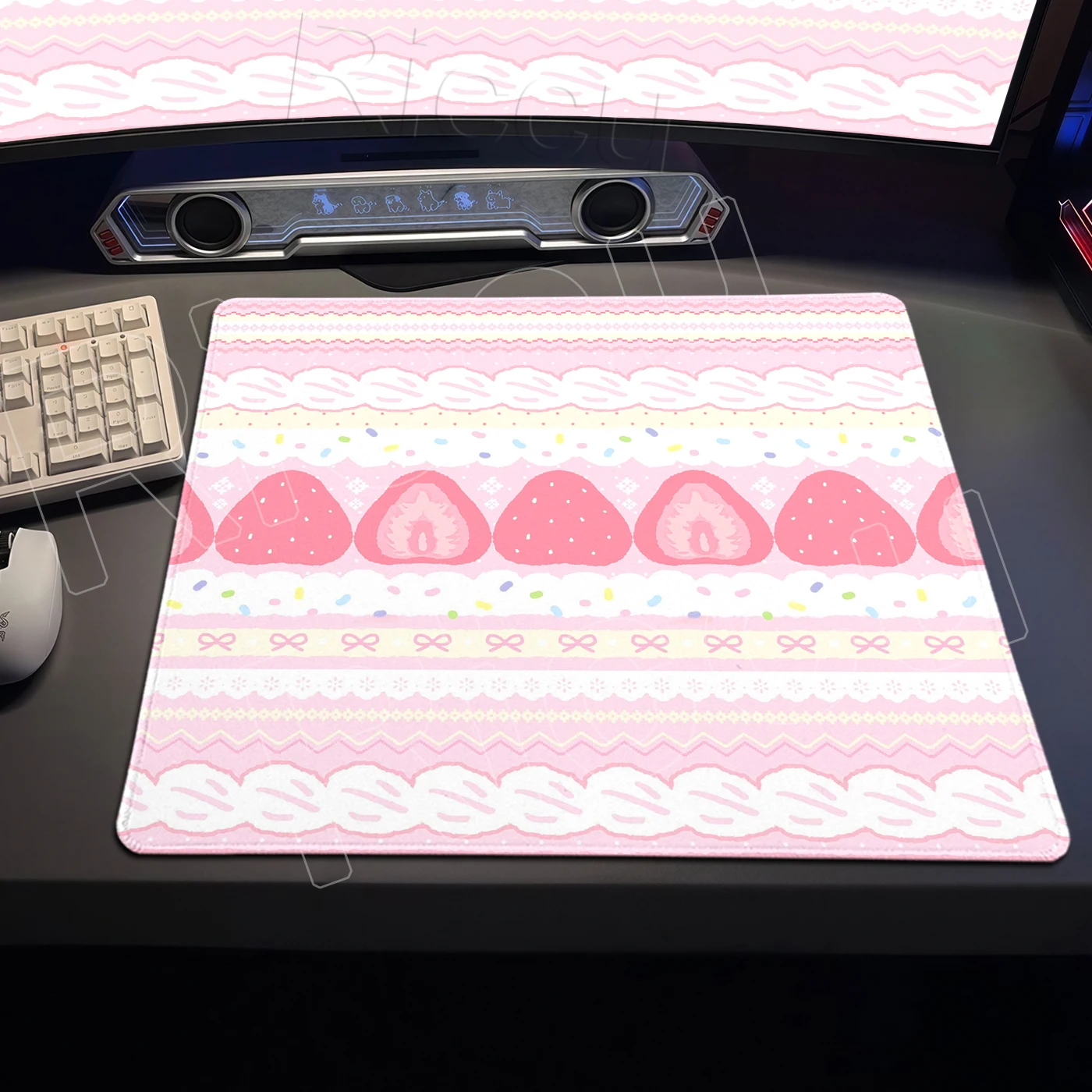 Cute Bear Desk Mat Pink Strawberry Cake Office Mouse Pad Desk Decort Gaming Keyboard Deskpad Small Mousepad PC Accessories Rug
