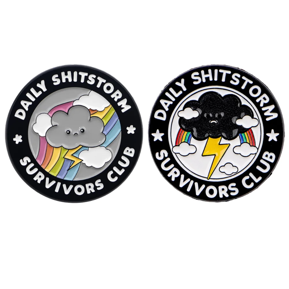 Funny and Cute Daily Shitstorm Survivors Club Badge Black Cloud Quotes Brooch Personalized Cloud and Rainbow Lightning