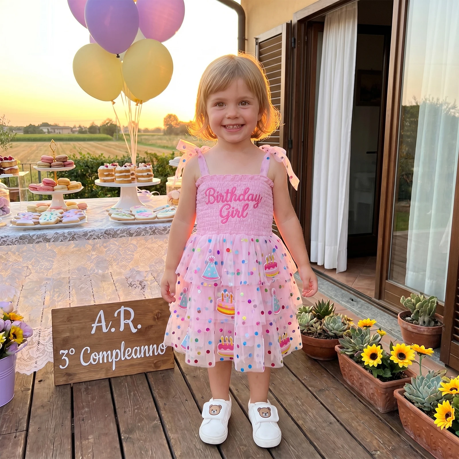 1-5Y Toddler Baby Girl Birthday Dress A Line Letter Cake Candle Dot Pattern Smocked Flying Sleeve Layered Mesh Dresses