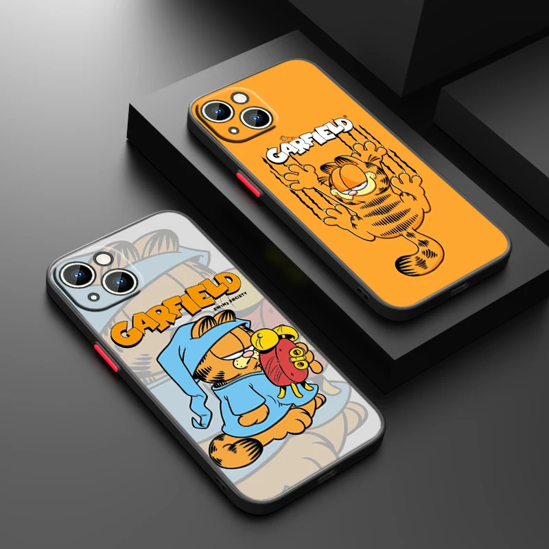 Cute Garfield For iPhone 15 Ultra 14 13 12 11 Mini XS XR X 8 7 Pro Max Plus Frosted Translucent Phone Case