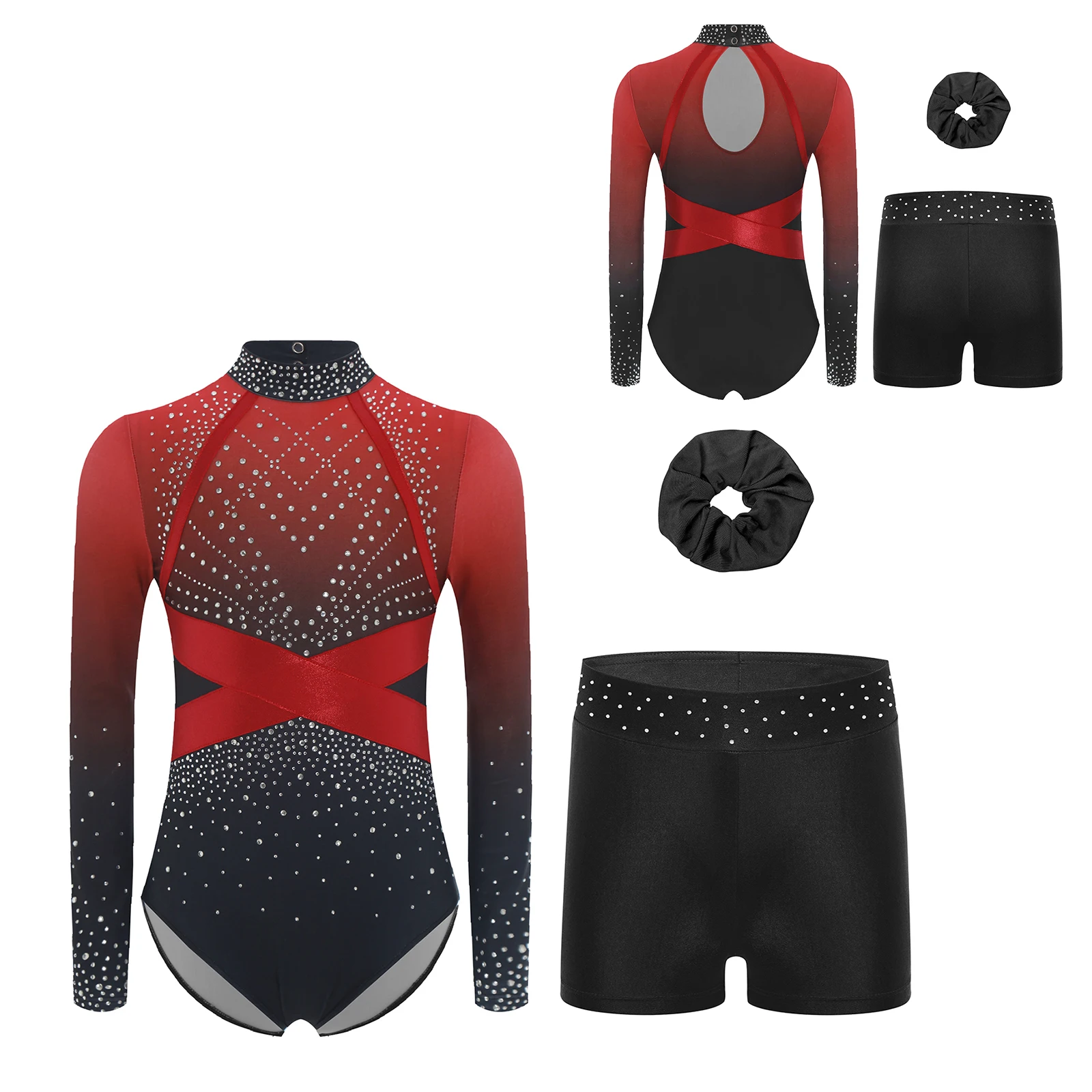 

Girls Gymnastics Dance Outfit Long Sleeve Shiny Rhinestone Color Block Leotard with Rhinestones Waistband Shorts and Hairband