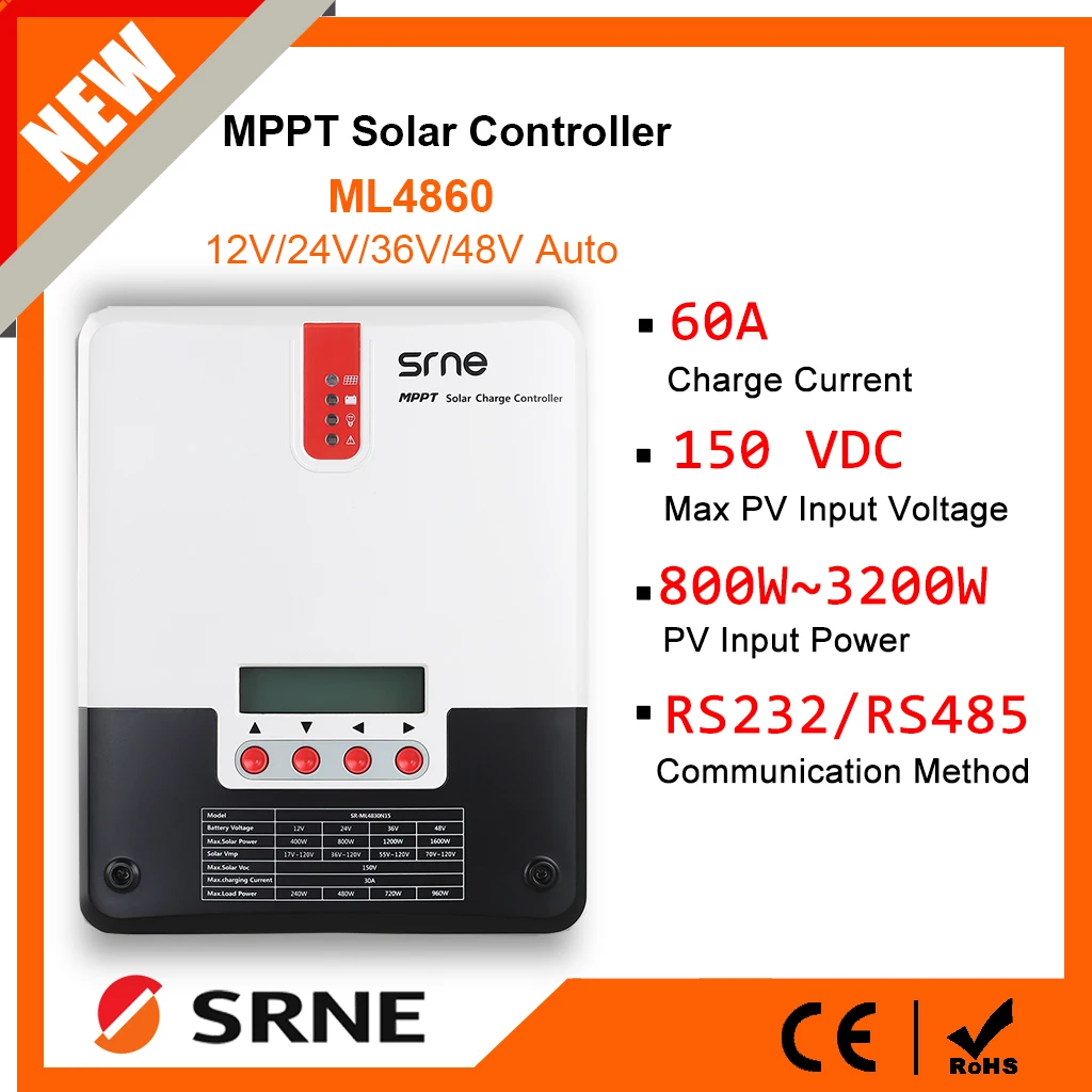 SRNE MPPT 60A Solar Charge Controller 12V 24V 36V 48V Auto LCD Display Solar Charger Lithium Lead Acid for Max 150V Solar Panel