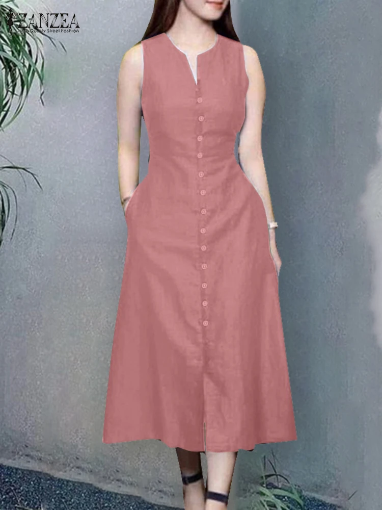 ZANZEA V-hals Dagelijkse kleding Midi-jurk Mouwloos Vintage 2025, zomervakantie A-lijn gewaden Effen kleur Casual dames tank vestidos