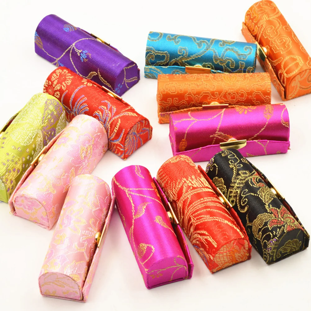 

12Pcs Vintage Embroidered Lipstick Storage Box Portable Lip Balm Holder with Mirror Makeup Case Gift for Daily Use