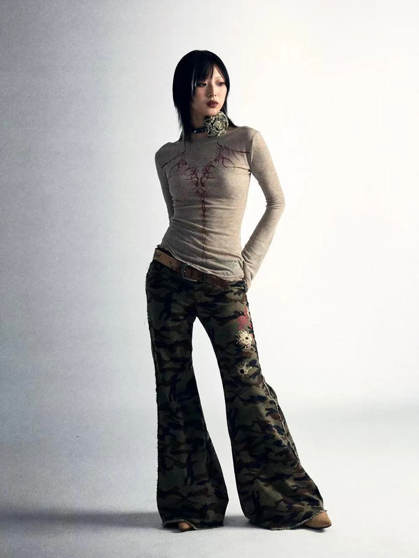 New reversible versatile sexy slim fit printed square neck niche thin top shirt for women's outerwear