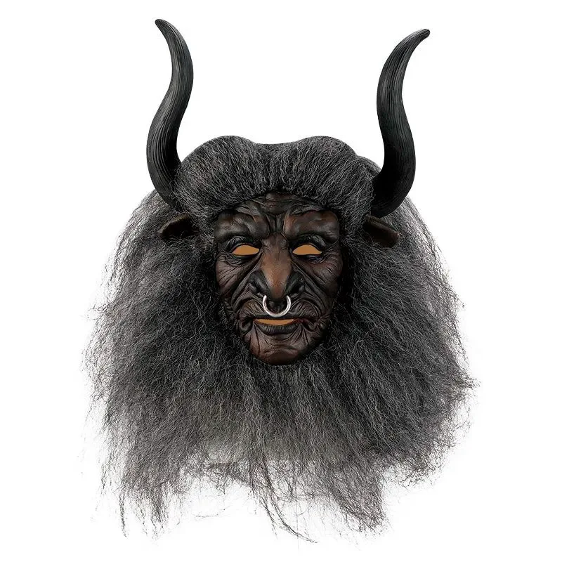 

Demon Cow Mask Men's Devil Beast Mask Realistic Bull Full Head Mask with Fake Hair Halloween Cosplay Costume Party Prop