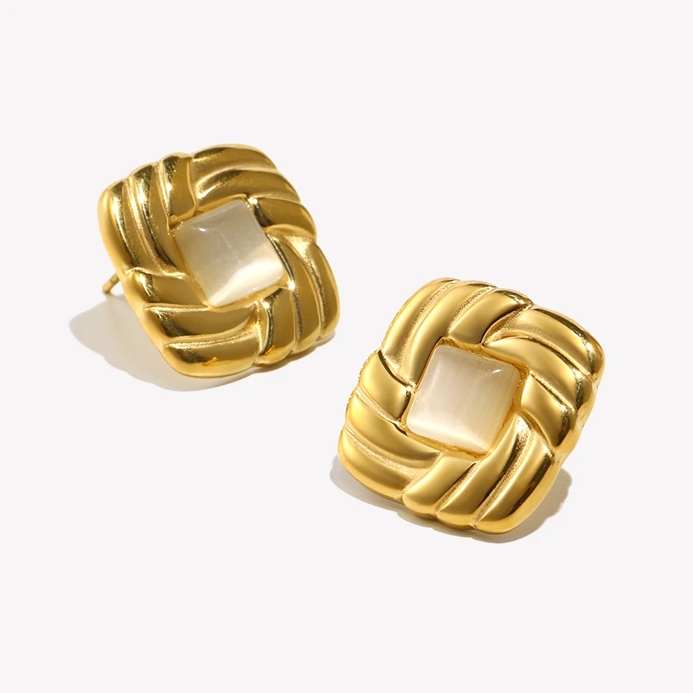 E.B.belle New Vintage Style Square Cat Eye Stone Stud Earring 18K Gold Plated Stainless Steel Fashion Women Chic Jewelry