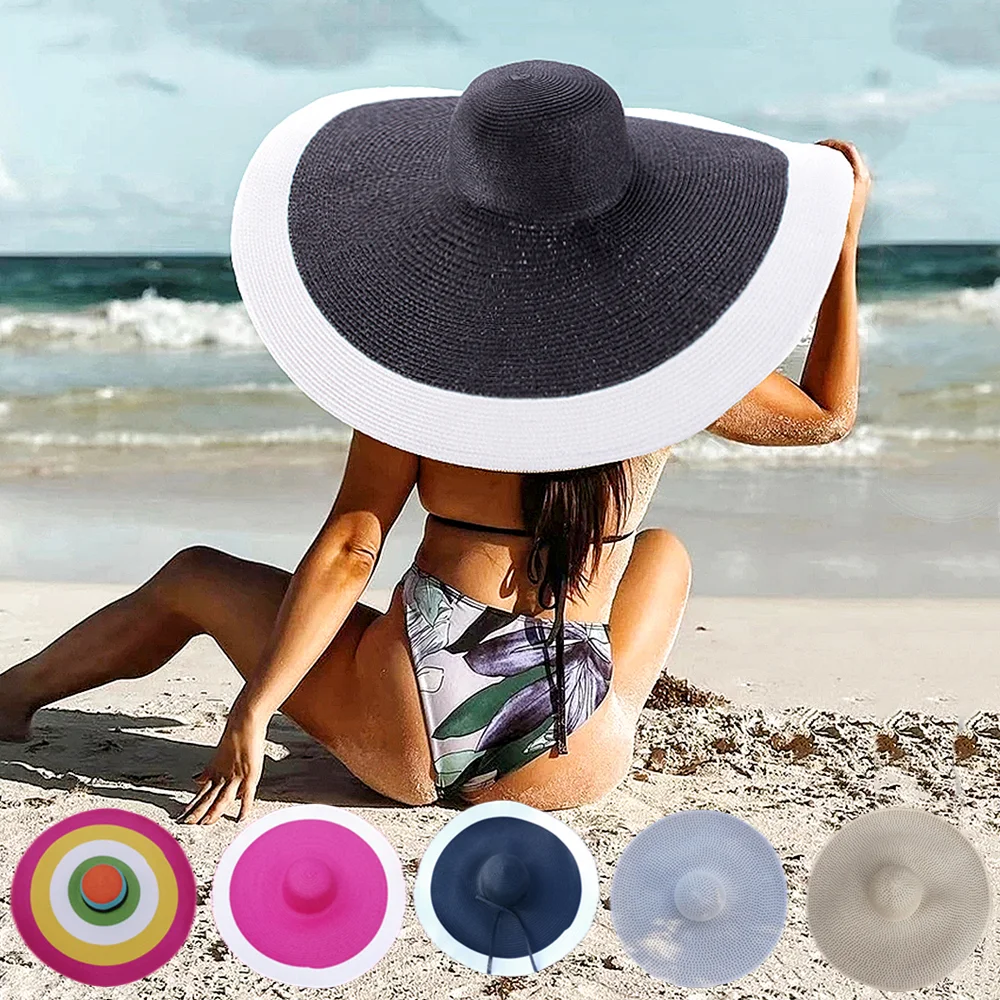 

Oversized Straw Hats For Women Summer Fashion 25cm Large Wide Brim Foldable Sun Hat Anti-uv Sun Protection Sunshade Cover 70cm