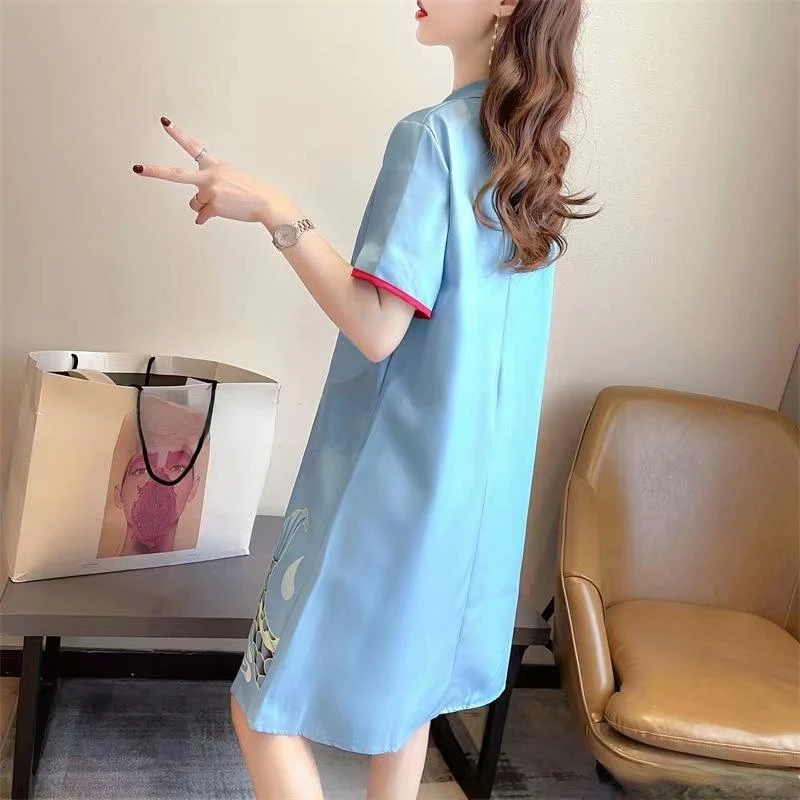 DAYIFUN-Summer Ethnic Chinese Style Dresses,Lady,Loose,Cheongsam Vintage,Printed,Women's Clothing,Lace Panel Short Sleeve Dress