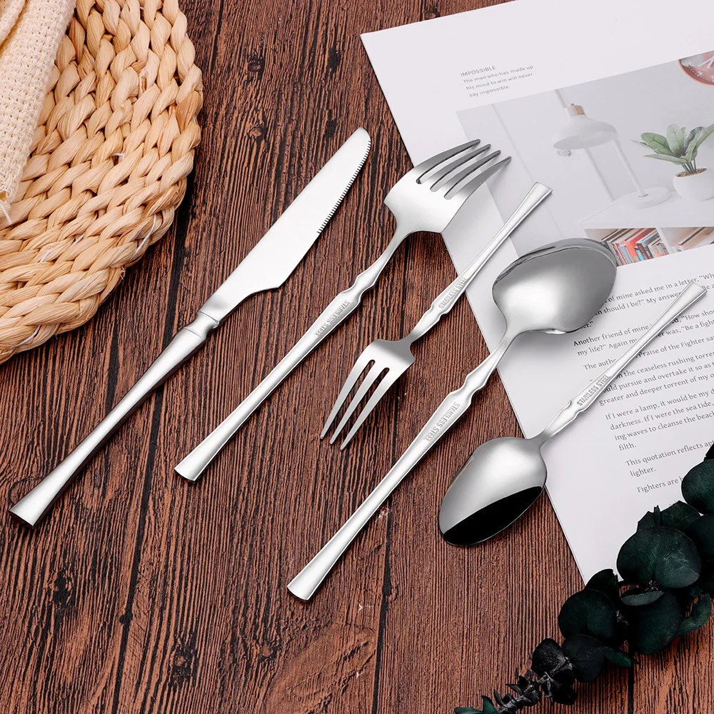 6/24/30Pcs Thin Cutlery Stainless Steel Sliver Tableware Western Dinner Set Solid Color Knife Fork Spoon Mirror Kitchen Utensils