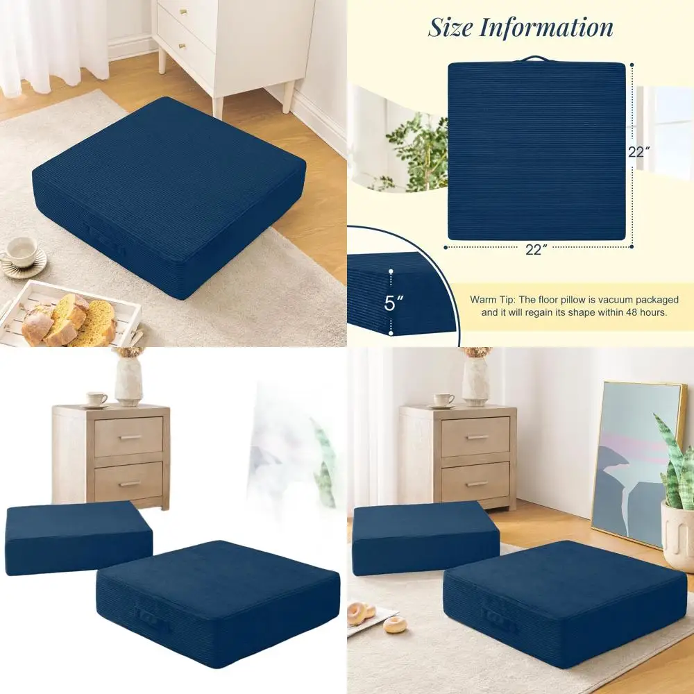 

Adult and Kids Large Meditation Foam Floor Pillows - 2 Pack, 22x22x5 Inch, Dark Blue, Washable Velvet Cover
