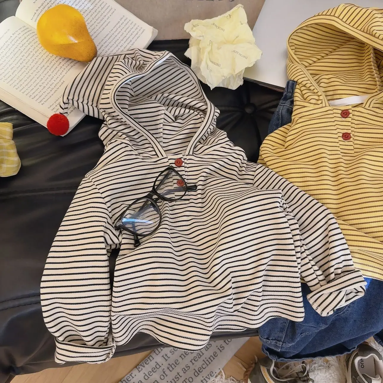 Boys and Girls Fun Pointed Hooded Base Shirt Thin Striped Elastic Fabric Childrens Casual Outer Long Sleeved Pullover