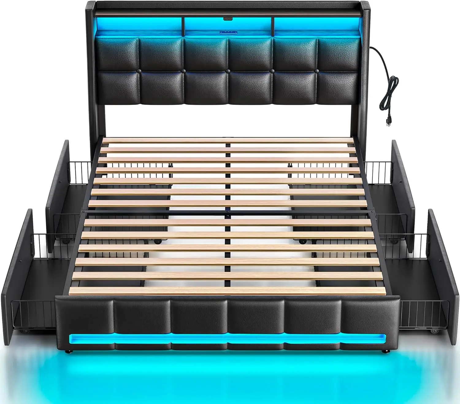 

Queen Size Bed Frame with LED Lights and Charging Station, PU Leather Bed Storage Headboard