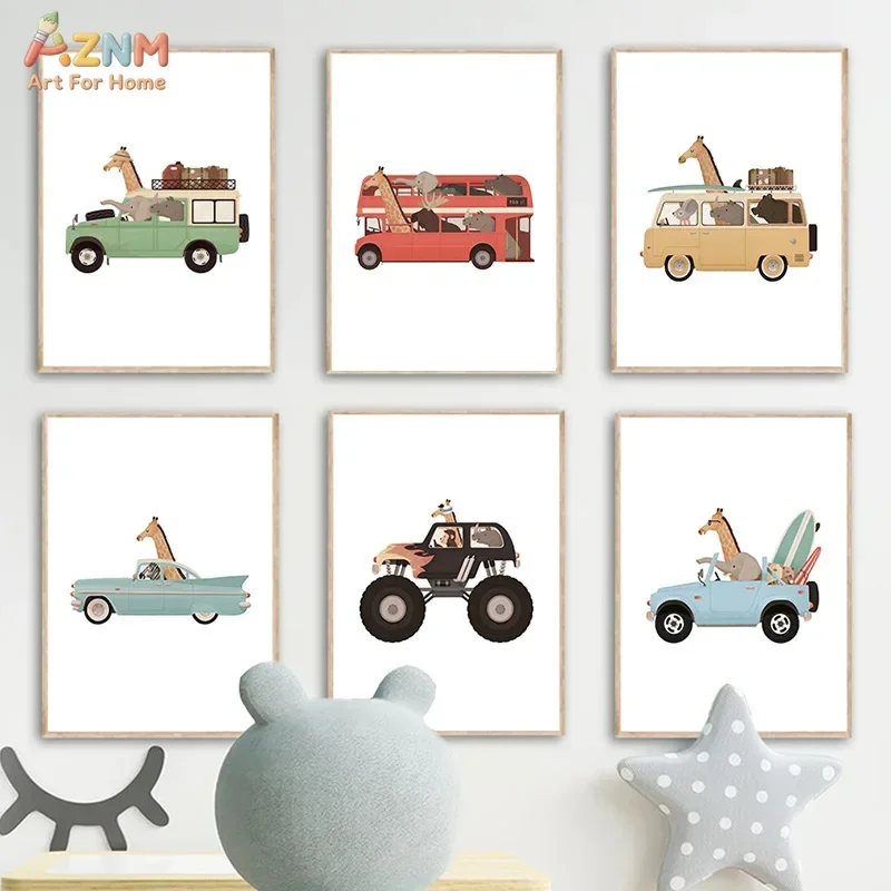 AZNM Cartoon Animal Driving Car Canvas Wall Art, Giraffe Elephant Travel Vehicle Print Poster, Frameless Canvas Painting for Roo