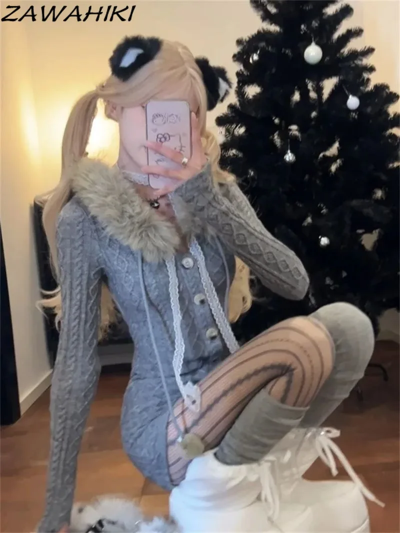 American Style Y2k Knitted Hoodies Women Fur Collar Slim Bodysuit Solid Color Jumpsuit Office Lady Elegant Fashion Ropa Mujer