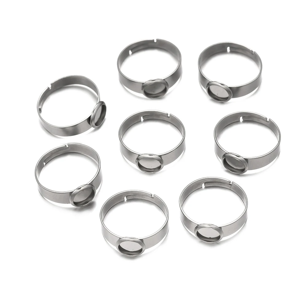 10Pcs 6/8/10/12/14/16/18/20mm Stainless Steel Adjustable Ring Glass Cabochons Setting Blank Base DIY Jewelry Making Accessories