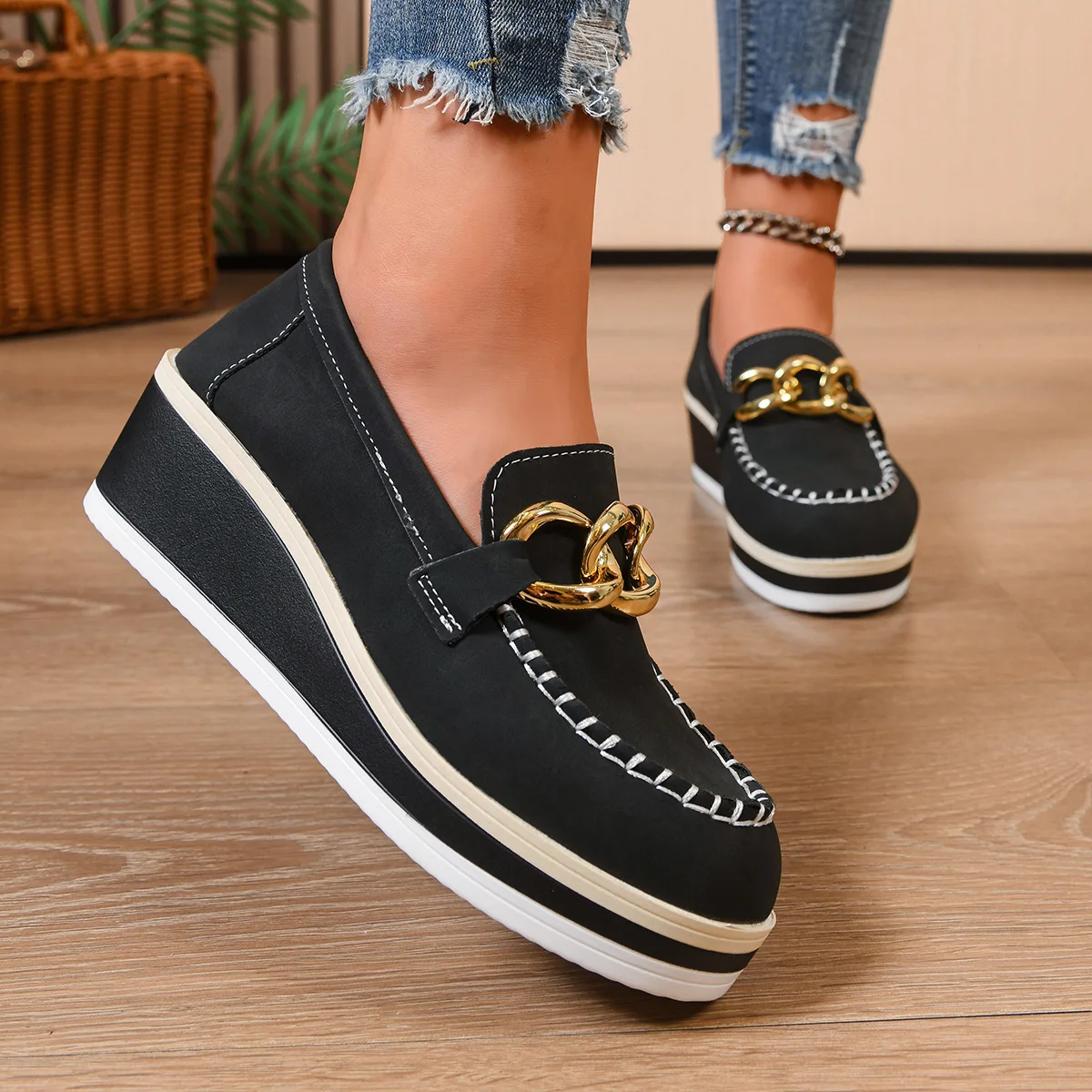 Women Platform Loafers Ladies Elegant Suede Leather Moccasins Shoes Woman Slip On Moccasin Women's Black Casual Shoes view 6