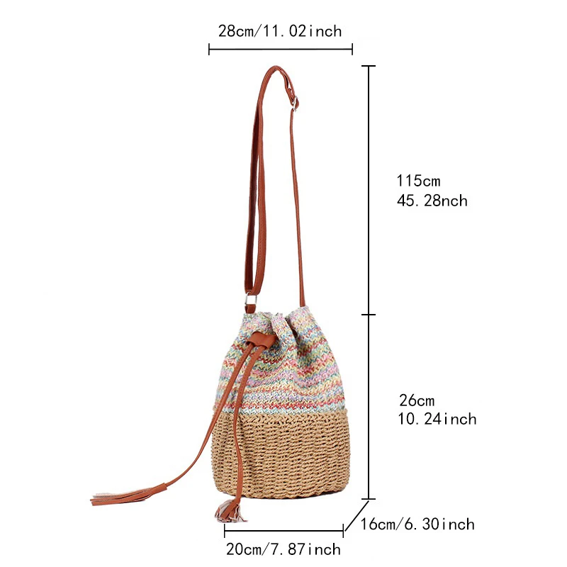 New Straw Shoulder Bags Drawstring Women\'s Straw Bucket Bag Purse Raffia Woven Straw Handbags Casual Tote Beach Crossbody Bag