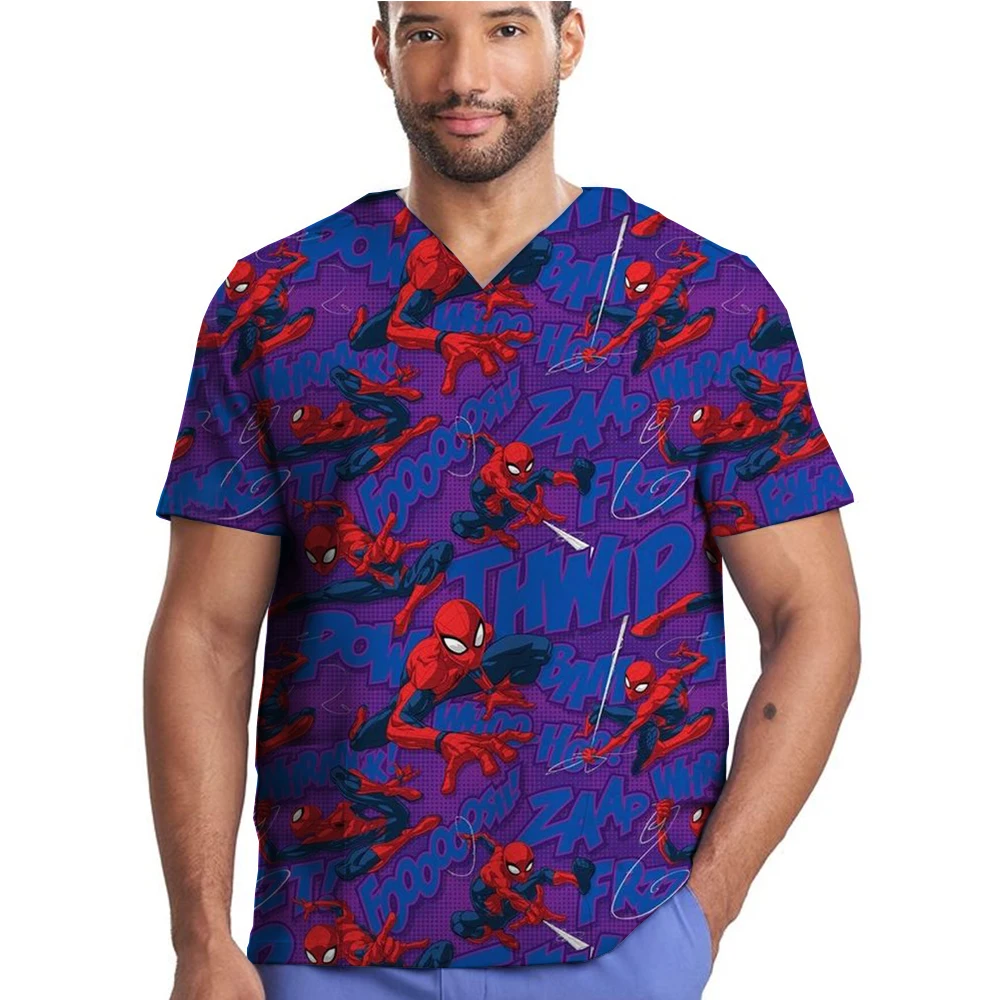 Dental Uniform V-neck Dress Spider Man Printed Matte Top Dental Medical Uniform Hospital Nurse Doctor Matte Top Men's