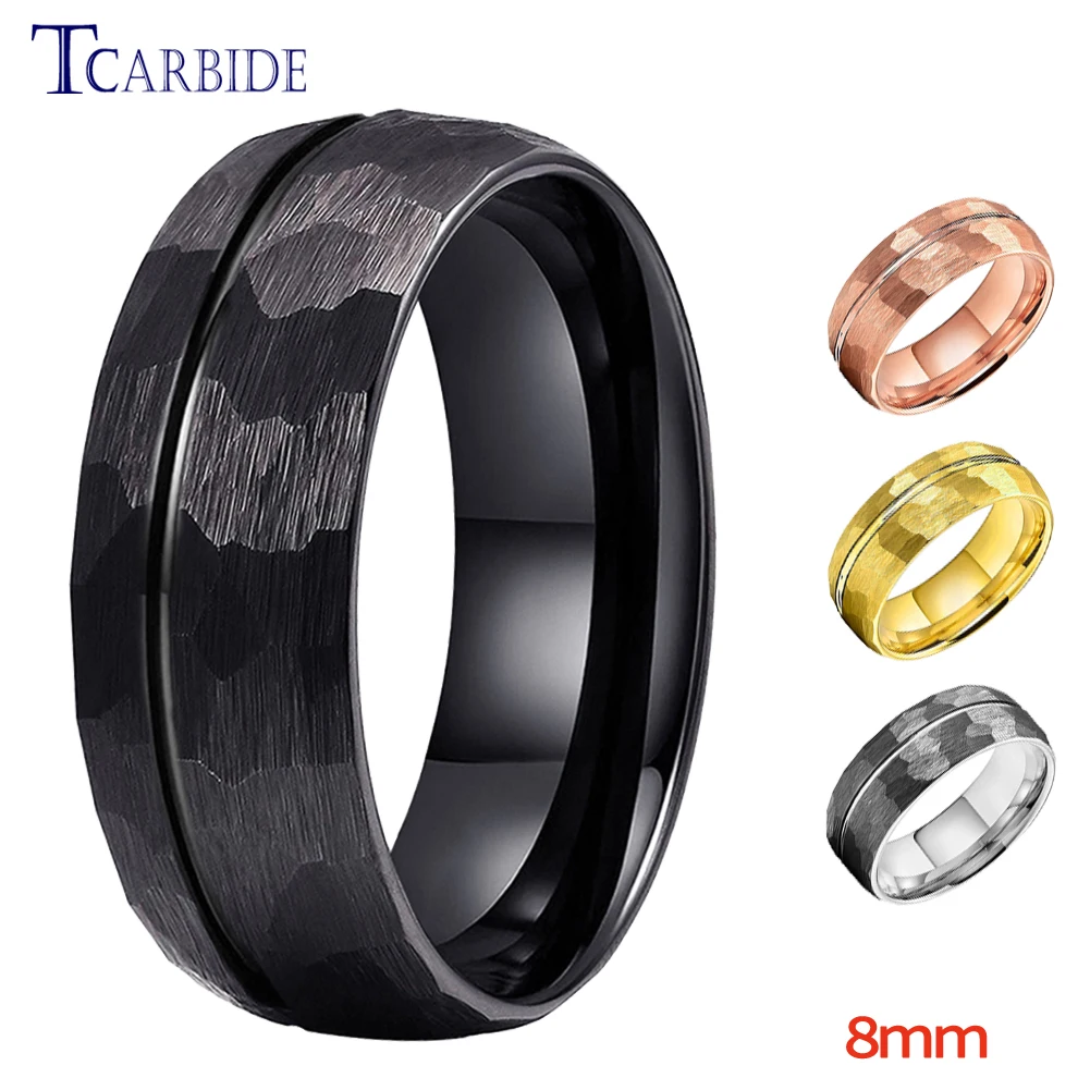 Black Hammer Ring Men Women Wedding Band Tungsten Fashion Jewelry With Center/Offset Groove Finish 8mm Comfort Fit