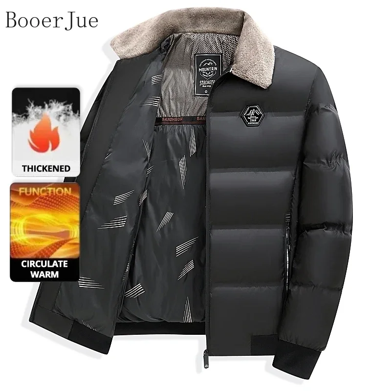 Graphene Windproof Outer Fabric Men's Winter Short Fur Collar Puffer Parka Jacket Thick Fleece Lined Business Casual Outerwear