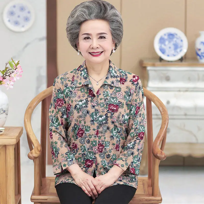 Middle Age Women Blouses 3/4 Sleeve Turn Down Collar Casual Shirt Mother Tops 5XL Floral Grandma Blusas Femininas