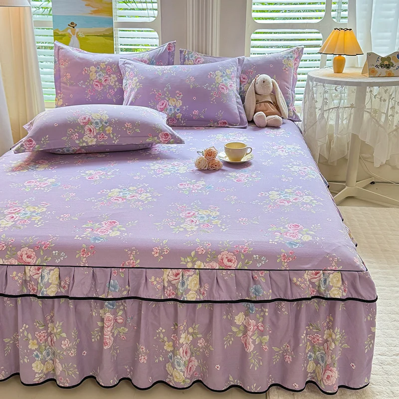Purple Color Bedskirt Flower Printed Soft High Quality jupe de lit Single/Queen/King Size Floral Style Bed Skirts for Beds