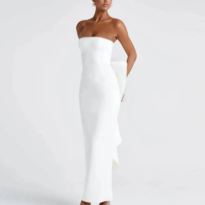 เซ็กซี่ชุดราตรีผู้หญิง 2025 ฤดูร้อนPearl Bow ClubพรหมMaxiชุดยาวElegantแขนกุดBackless Bodycon Vestidos