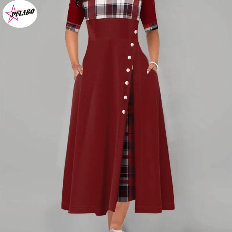 PULABO 4xl 5xl Donna Elegante Lungo Plaid Stampa Abiti da festa Irregolare Ladies Vintage Button Dress Patchwork A-Line Femminile