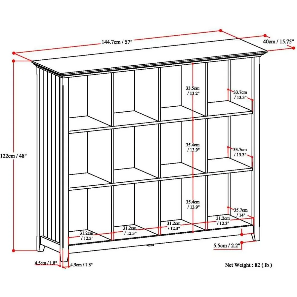 SOLID WOOD 57 Inch Transitional 12 Cube Storage in Black, For the Living Room, Study Room and Office