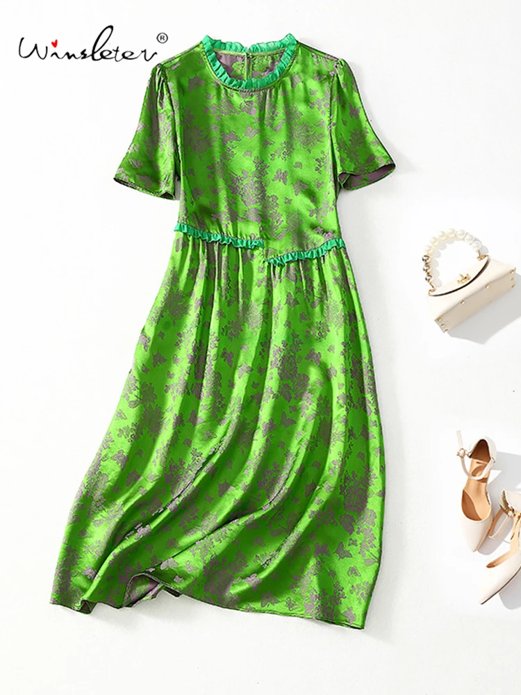 

Winsleter-Women 45% Silk 55% Rayon Elegant Dress, O Neck Short Sleeve Jacquard, Retro Temperament Dresses, 2025 Summer D57169CC