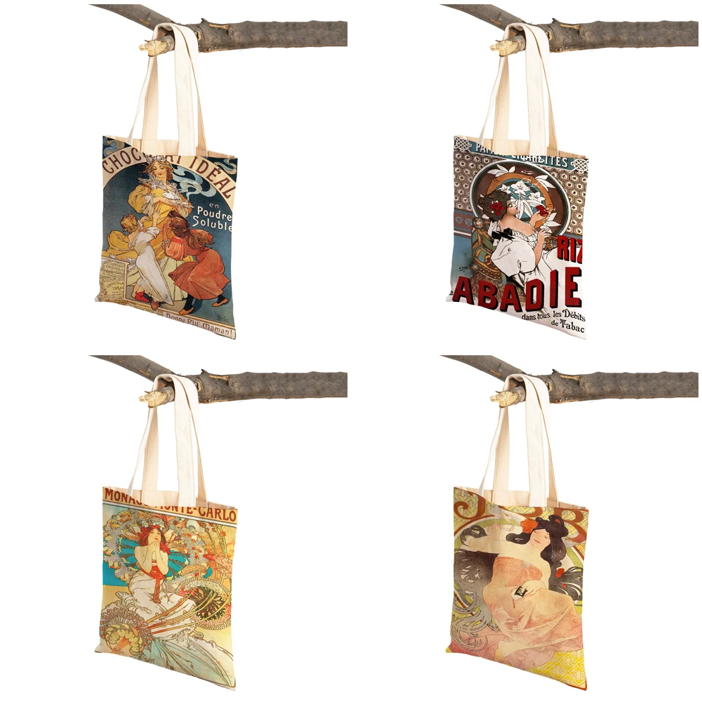 Alphonse Mucha Canvas Painting Japanese Shopper Bag Vintage Europe Abstract Casual Handbag Fashion Women Shopping Bags