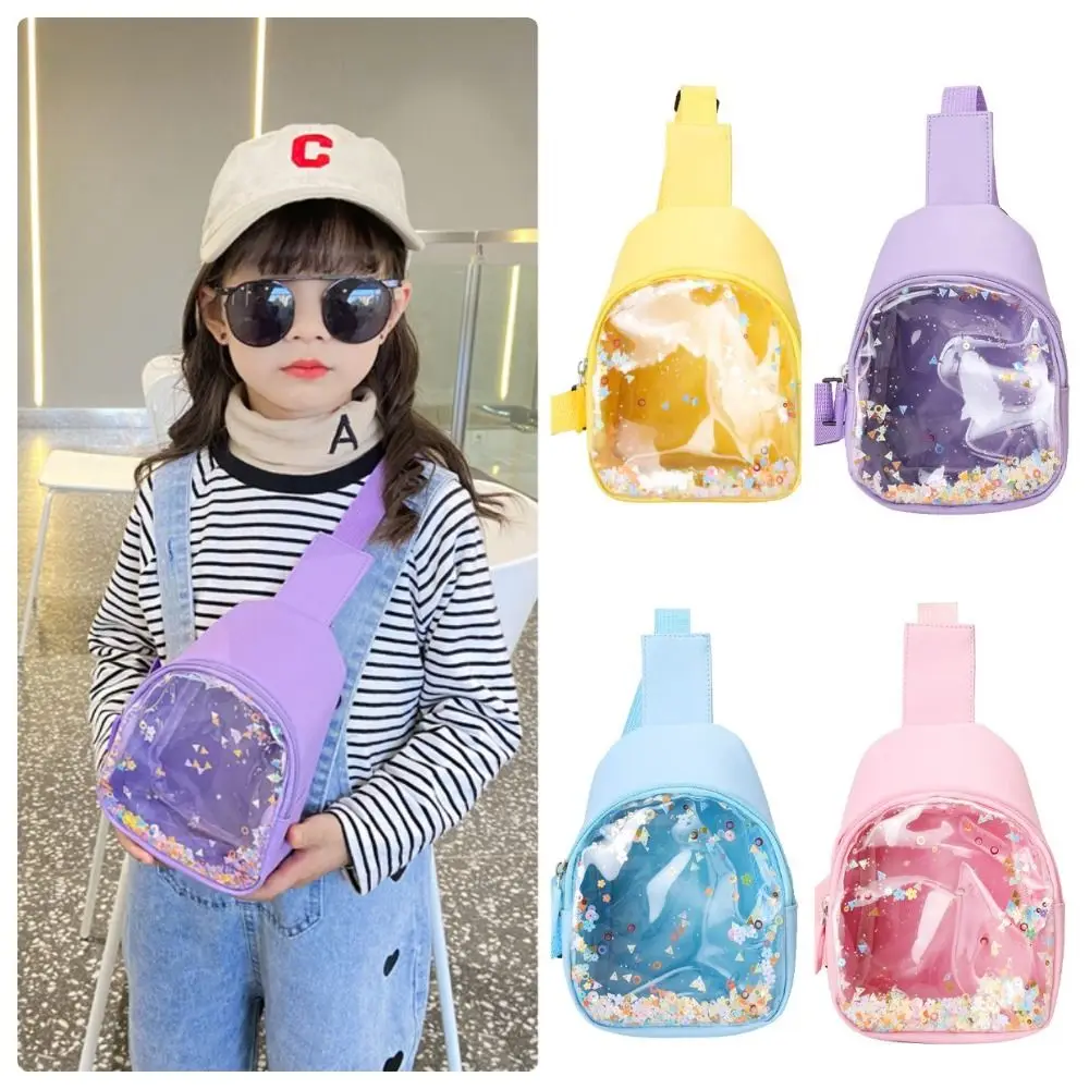 Fashion Transparent Crossbody Bag PU Leather Solid Color Shoulder Bag Lightweight Flowing Sand Kids Chest Bags Children