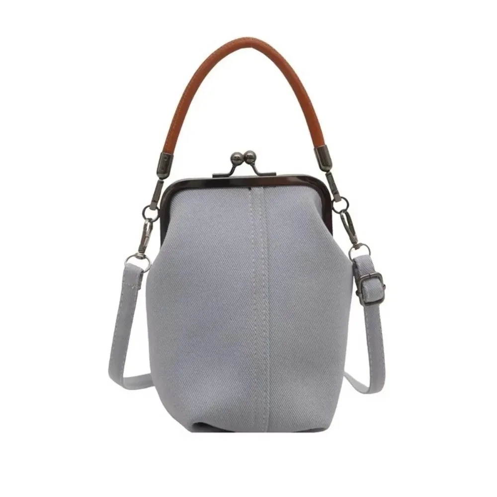 

Cloth Kiss Lock Shoulder Bag Solid Color Bucket Shape Crossbody Bag Korean Style Versatile Women's Handbag Shopping