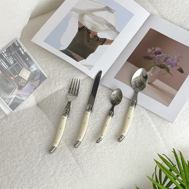 4/6/24Pcs Ivory White Plastic Handle Food Grade Stainless Steel Dinnerware Laguiole Cutlery Set Steak Knife Fork Soup Tea Spoon